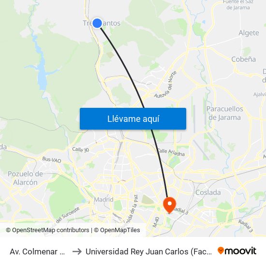 Av. Colmenar Viejo - C. C. El Zoco to Universidad Rey Juan Carlos (Facultad De Ciencias Jurídicas Y Sociales) map