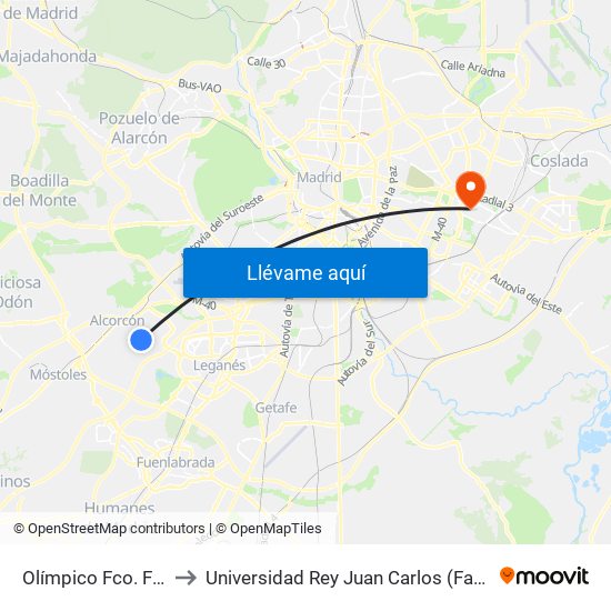 Olímpico Fco. Fdez. Ochoa - Río Tajo to Universidad Rey Juan Carlos (Facultad De Ciencias Jurídicas Y Sociales) map