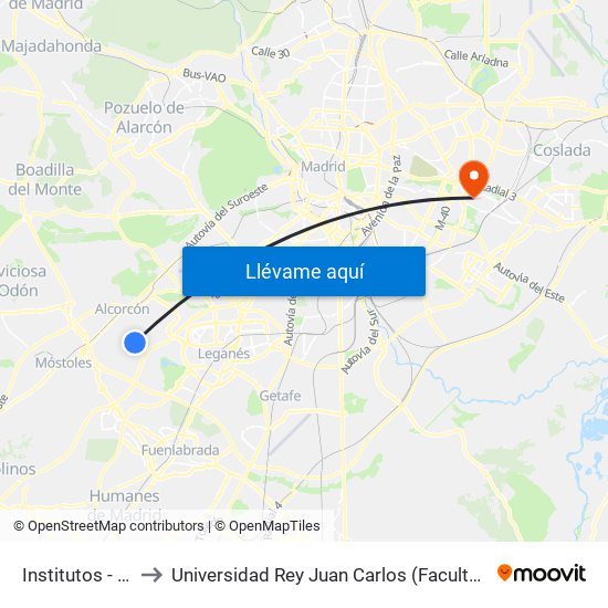 Institutos - Recinto Ferial to Universidad Rey Juan Carlos (Facultad De Ciencias Jurídicas Y Sociales) map