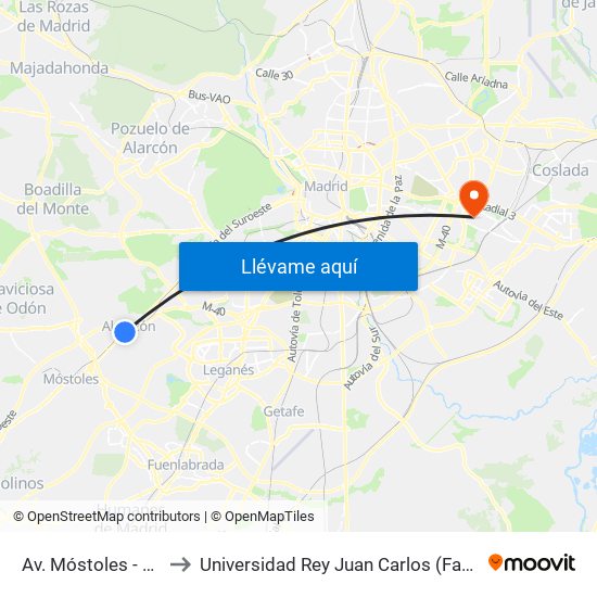 Av. Móstoles - Est. Alcorcón Central to Universidad Rey Juan Carlos (Facultad De Ciencias Jurídicas Y Sociales) map