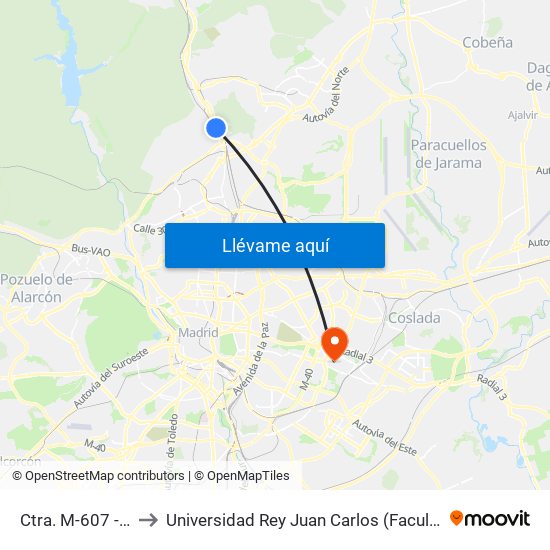 Ctra. M-607 - Ciudad Escolar to Universidad Rey Juan Carlos (Facultad De Ciencias Jurídicas Y Sociales) map