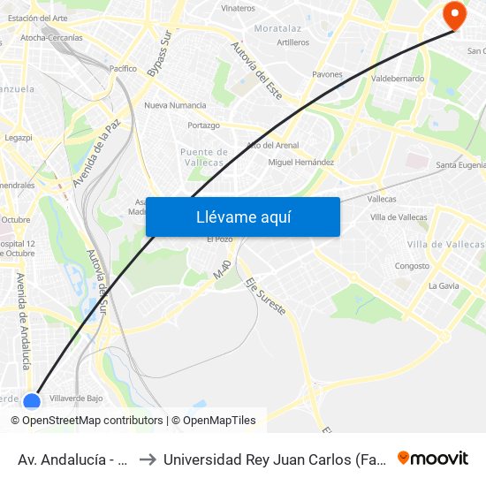 Av. Andalucía - Villaverde Bajo Cruce to Universidad Rey Juan Carlos (Facultad De Ciencias Jurídicas Y Sociales) map