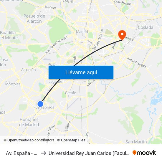 Av. España - Castilla La Vieja to Universidad Rey Juan Carlos (Facultad De Ciencias Jurídicas Y Sociales) map