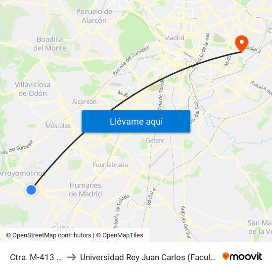 Ctra. M-413 - Granja Bovina to Universidad Rey Juan Carlos (Facultad De Ciencias Jurídicas Y Sociales) map