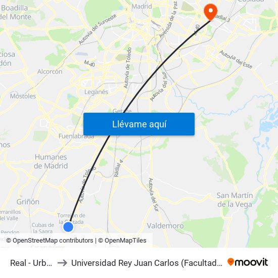 Real - Urb. Los Pinos to Universidad Rey Juan Carlos (Facultad De Ciencias Jurídicas Y Sociales) map