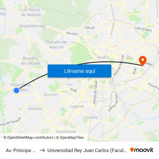 Av. Príncipe Asturias - Bispo to Universidad Rey Juan Carlos (Facultad De Ciencias Jurídicas Y Sociales) map