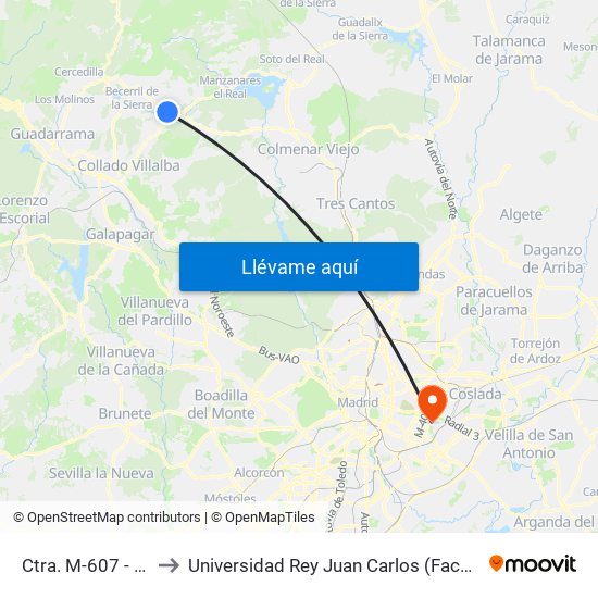 Ctra. M-607 - Urb. Las Praderas to Universidad Rey Juan Carlos (Facultad De Ciencias Jurídicas Y Sociales) map