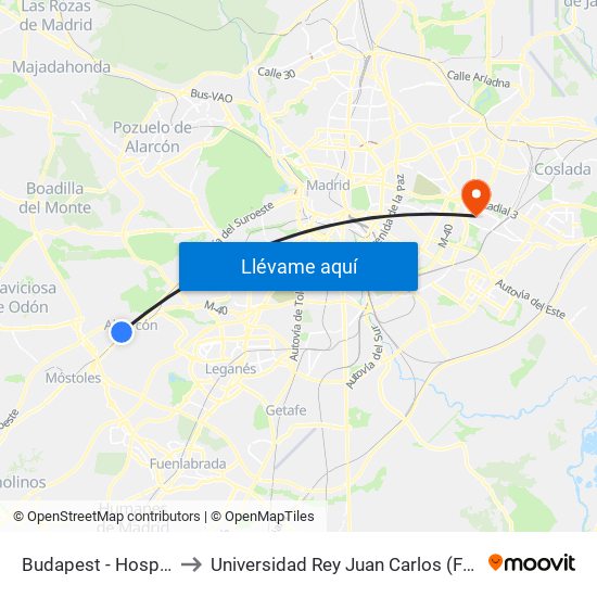 Budapest - Hospital Fundación Alcorcón to Universidad Rey Juan Carlos (Facultad De Ciencias Jurídicas Y Sociales) map