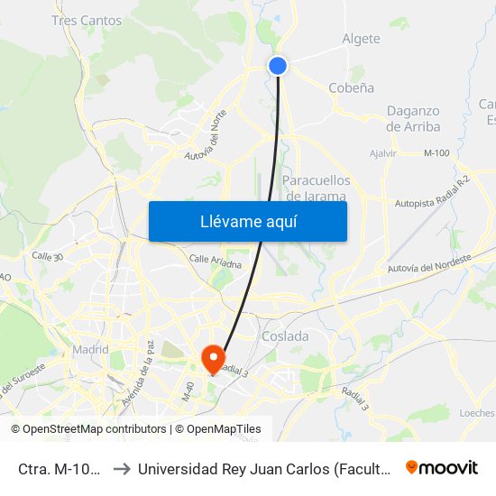 Ctra. M-100 - El Casetón to Universidad Rey Juan Carlos (Facultad De Ciencias Jurídicas Y Sociales) map