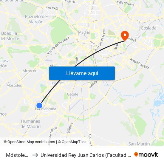 Móstoles - Colegio to Universidad Rey Juan Carlos (Facultad De Ciencias Jurídicas Y Sociales) map