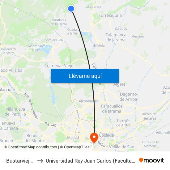 Bustarviejo - La Maruja to Universidad Rey Juan Carlos (Facultad De Ciencias Jurídicas Y Sociales) map