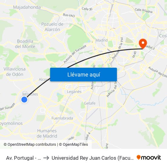 Av. Portugal - Av. Dos De Mayo to Universidad Rey Juan Carlos (Facultad De Ciencias Jurídicas Y Sociales) map