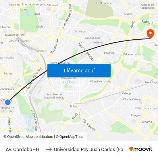 Av. Córdoba - Hospital 12 De Octubre to Universidad Rey Juan Carlos (Facultad De Ciencias Jurídicas Y Sociales) map