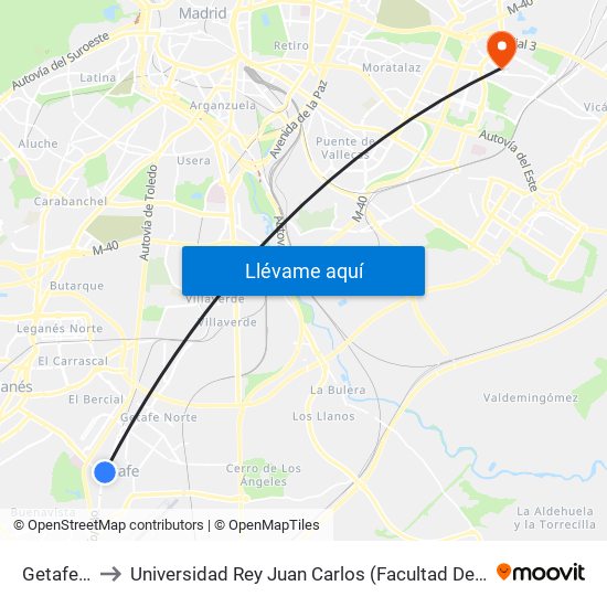 Getafe Centro to Universidad Rey Juan Carlos (Facultad De Ciencias Jurídicas Y Sociales) map