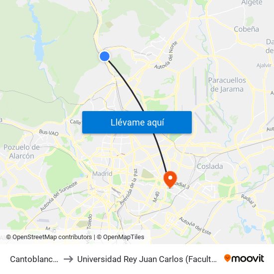 Cantoblanco Universidad to Universidad Rey Juan Carlos (Facultad De Ciencias Jurídicas Y Sociales) map