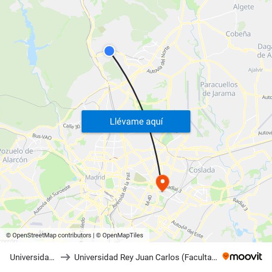 Universidad P. Comillas to Universidad Rey Juan Carlos (Facultad De Ciencias Jurídicas Y Sociales) map