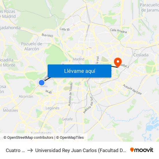 Cuatro Vientos to Universidad Rey Juan Carlos (Facultad De Ciencias Jurídicas Y Sociales) map
