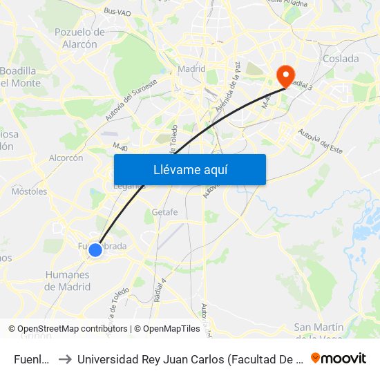 Fuenlabrada to Universidad Rey Juan Carlos (Facultad De Ciencias Jurídicas Y Sociales) map