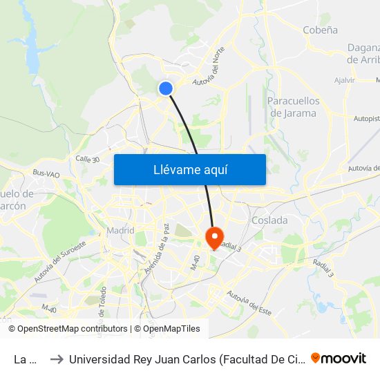 La Granja to Universidad Rey Juan Carlos (Facultad De Ciencias Jurídicas Y Sociales) map