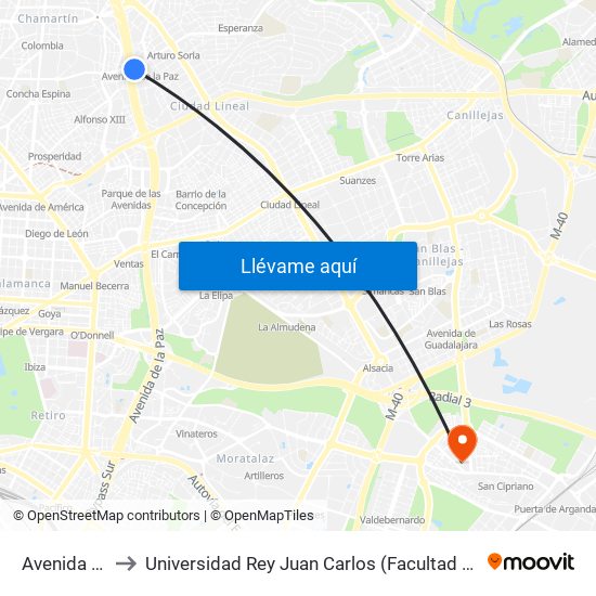 Avenida De La Paz to Universidad Rey Juan Carlos (Facultad De Ciencias Jurídicas Y Sociales) map