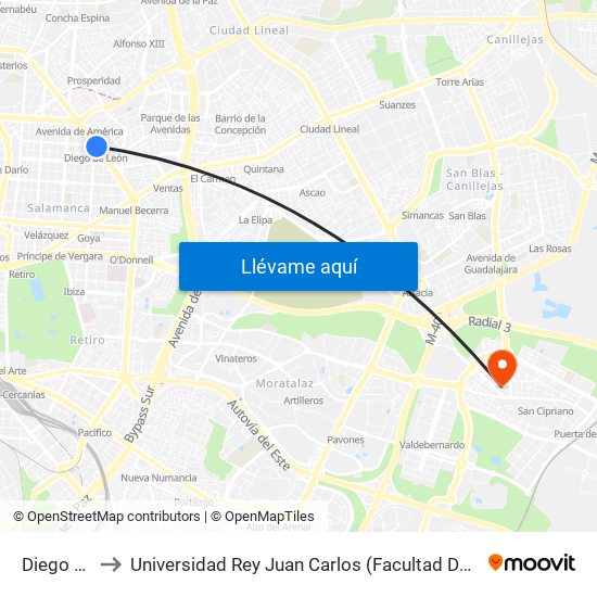 Diego De León to Universidad Rey Juan Carlos (Facultad De Ciencias Jurídicas Y Sociales) map
