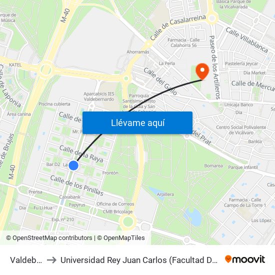 Valdebernardo to Universidad Rey Juan Carlos (Facultad De Ciencias Jurídicas Y Sociales) map