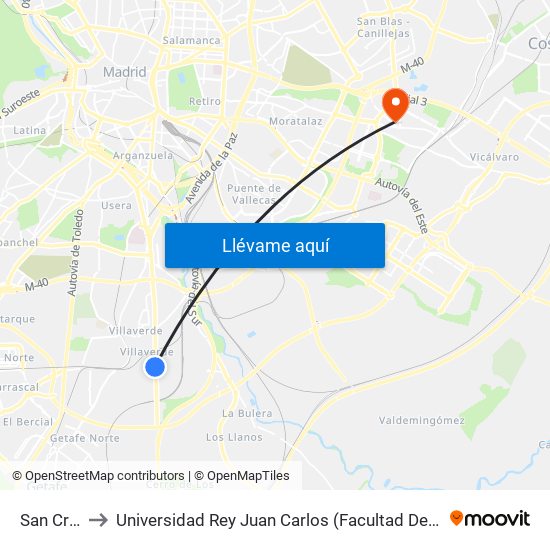 San Cristóbal to Universidad Rey Juan Carlos (Facultad De Ciencias Jurídicas Y Sociales) map