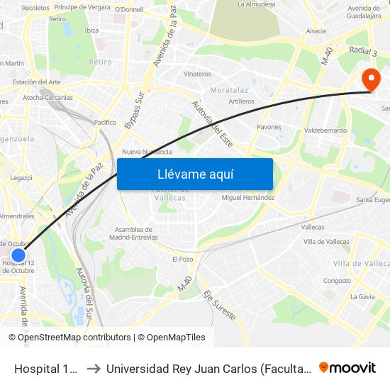 Hospital 12 De Octubre to Universidad Rey Juan Carlos (Facultad De Ciencias Jurídicas Y Sociales) map