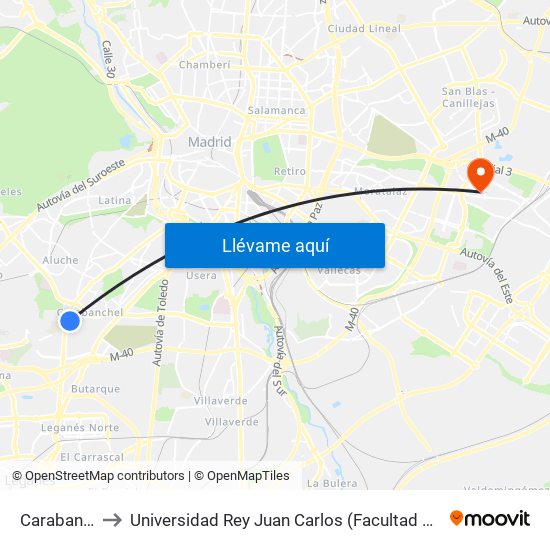 Carabanchel Alto to Universidad Rey Juan Carlos (Facultad De Ciencias Jurídicas Y Sociales) map
