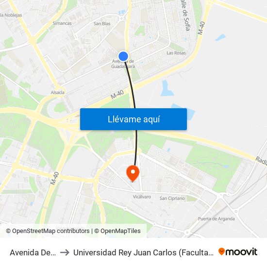 Avenida De Guadalajara to Universidad Rey Juan Carlos (Facultad De Ciencias Jurídicas Y Sociales) map