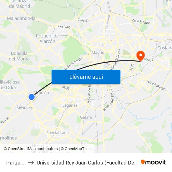Parque Oeste to Universidad Rey Juan Carlos (Facultad De Ciencias Jurídicas Y Sociales) map