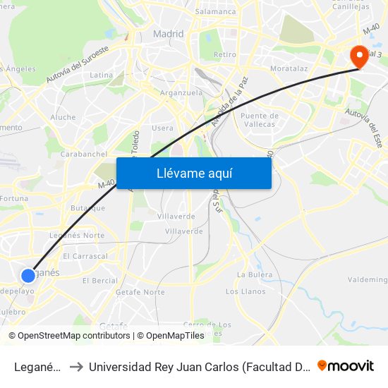 Leganés Central to Universidad Rey Juan Carlos (Facultad De Ciencias Jurídicas Y Sociales) map