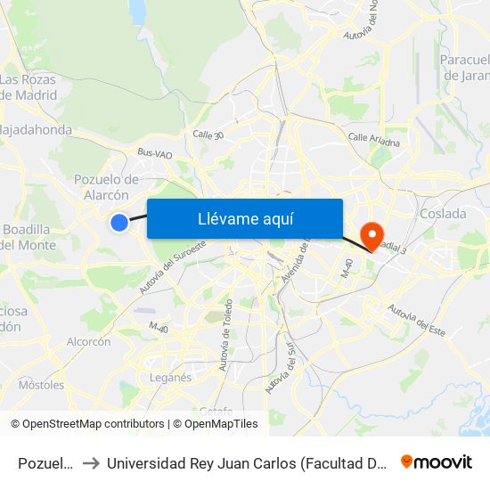 Pozuelo Oeste to Universidad Rey Juan Carlos (Facultad De Ciencias Jurídicas Y Sociales) map