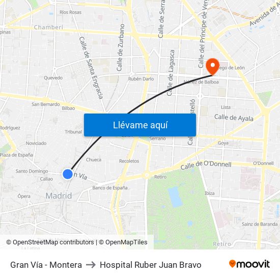 Gran Vía - Montera to Hospital Ruber Juan Bravo map