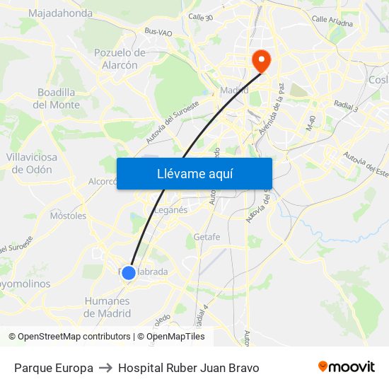 Parque Europa to Hospital Ruber Juan Bravo map