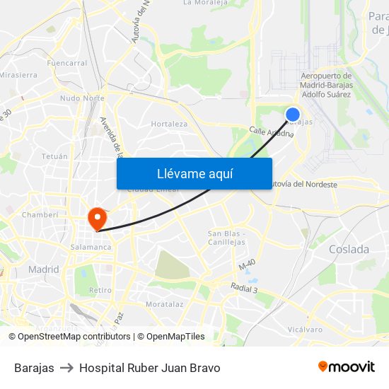 Barajas to Hospital Ruber Juan Bravo map