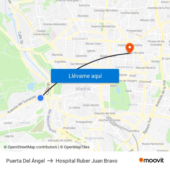 Puerta Del Ángel to Hospital Ruber Juan Bravo map
