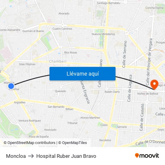 Moncloa to Hospital Ruber Juan Bravo map