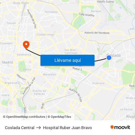 Coslada Central to Hospital Ruber Juan Bravo map