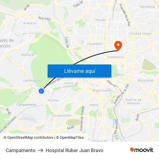 Campamento to Hospital Ruber Juan Bravo map