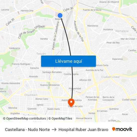 Castellana - Nudo Norte to Hospital Ruber Juan Bravo map