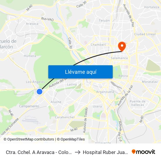Ctra. Cchel. A Aravaca - Colonia Jardín to Hospital Ruber Juan Bravo map
