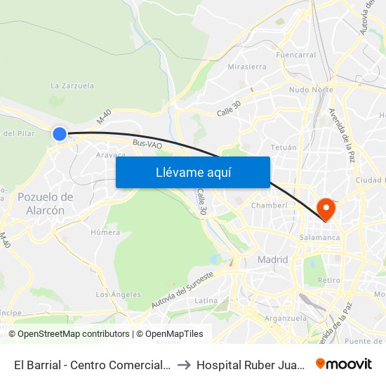 El Barrial - Centro Comercial Pozuelo to Hospital Ruber Juan Bravo map