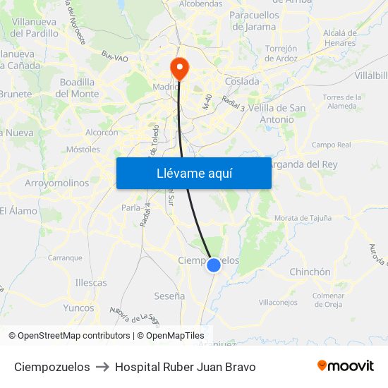 Ciempozuelos to Hospital Ruber Juan Bravo map