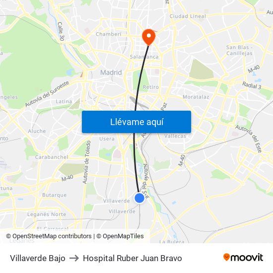 Villaverde Bajo to Hospital Ruber Juan Bravo map