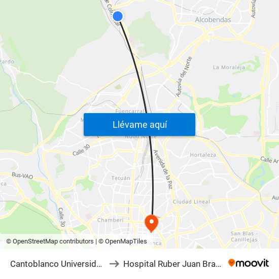Cantoblanco Universidad to Hospital Ruber Juan Bravo map