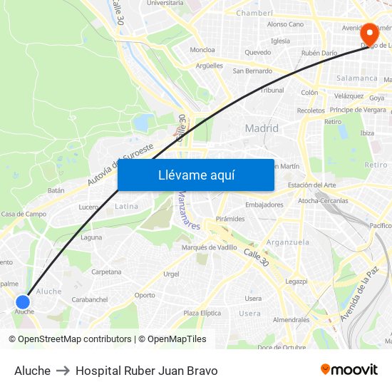 Aluche to Hospital Ruber Juan Bravo map