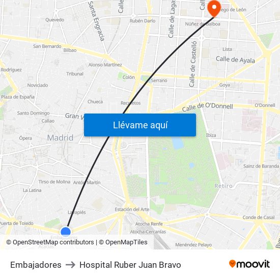 Embajadores to Hospital Ruber Juan Bravo map