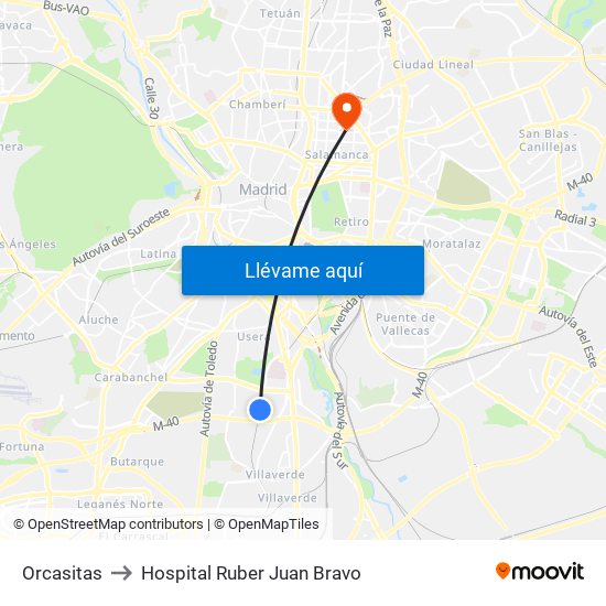 Orcasitas to Hospital Ruber Juan Bravo map
