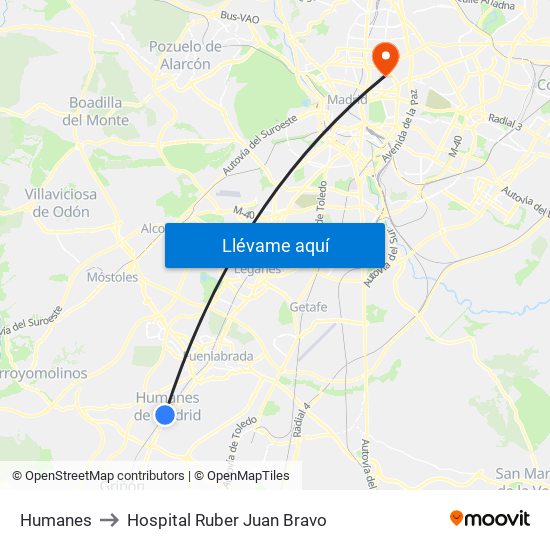 Humanes to Hospital Ruber Juan Bravo map